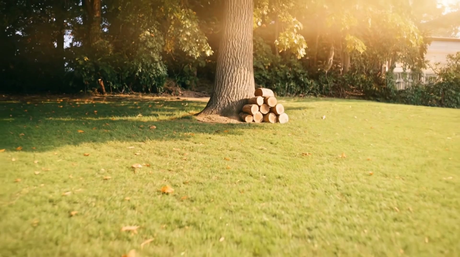A tidy lawn at the base of a mature tree at golden hour, freshly cut logs stacked beside the trunk