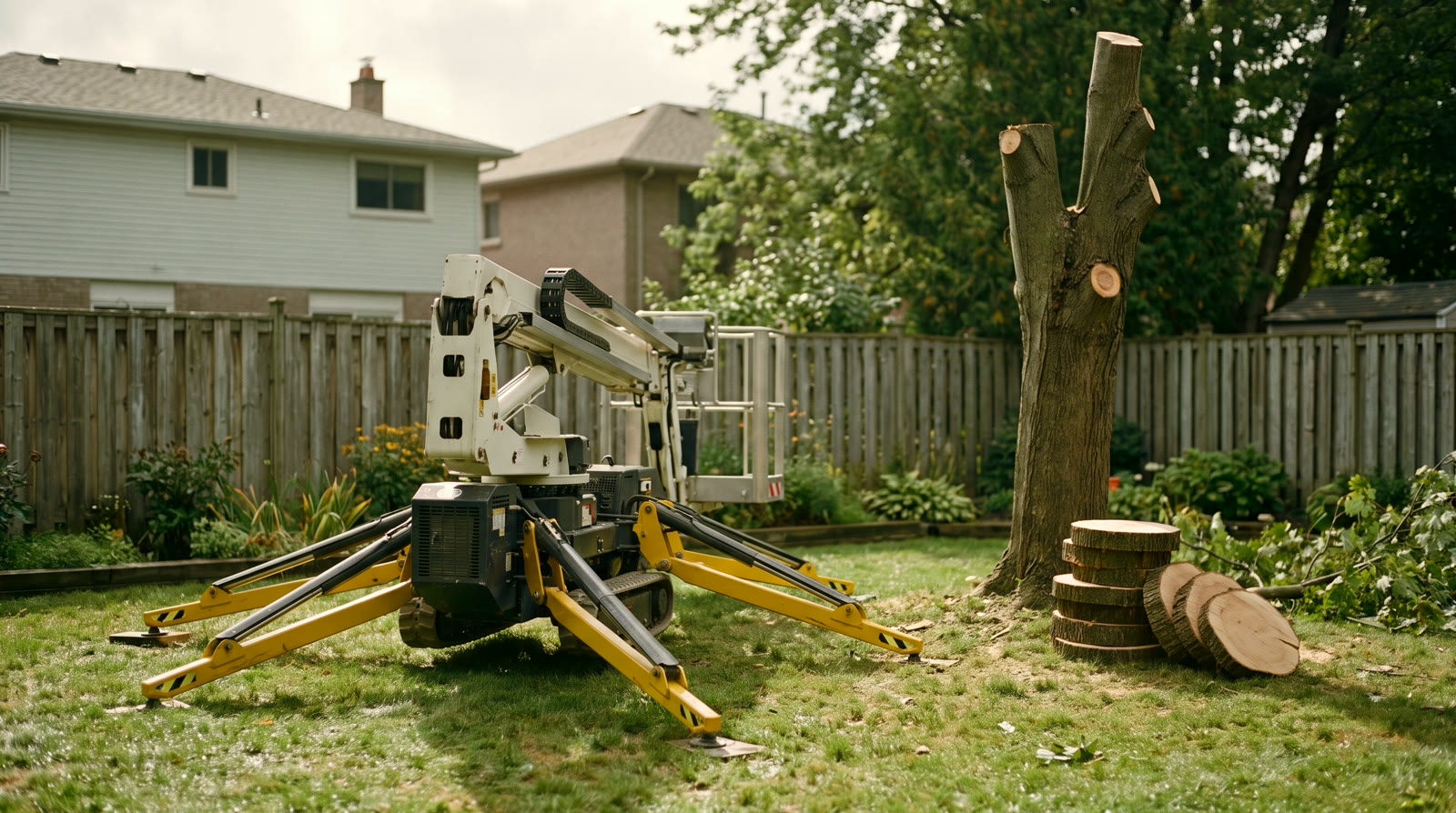 A tracked spider lift set up beside a maple being taken down in sections