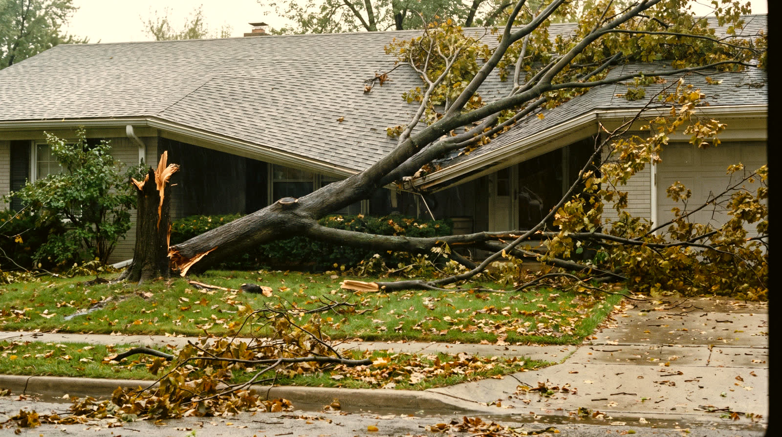 A storm-felled maple lying across the roof of a home