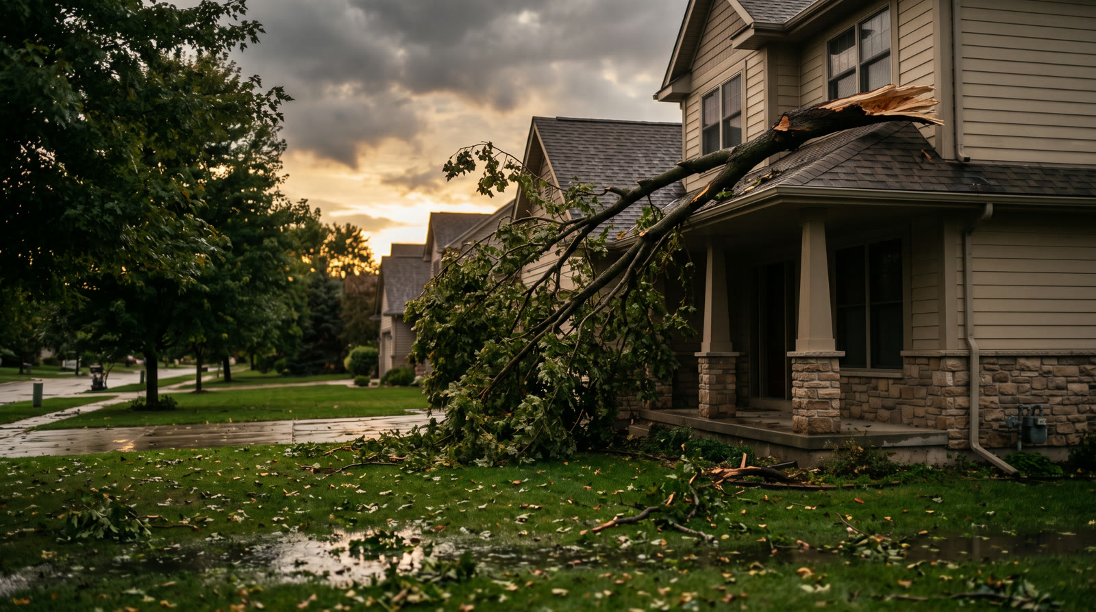 A storm-snapped limb resting on the roof corner of a Buffalo home under breaking evening clouds