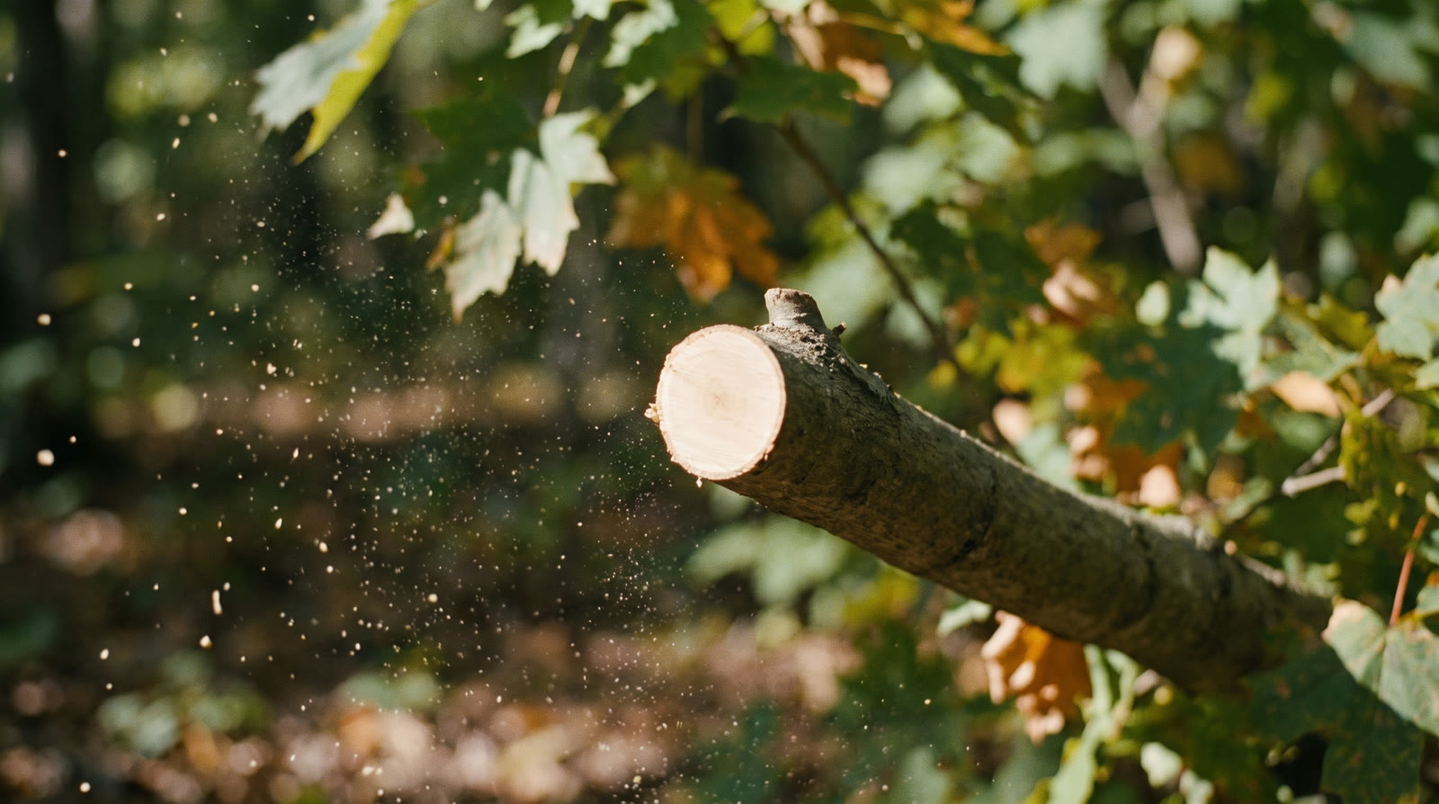A freshly pruned maple limb with a clean cut face, fine sawdust drifting in golden light